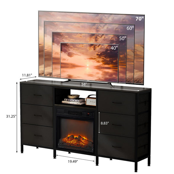 58" Electric Fireplace TV Stand with Fabric Drawers & RGB LED Lights