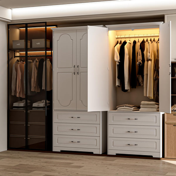 Armoire Wardrobe Closet with Drawers, LED Light & Hanging Rod