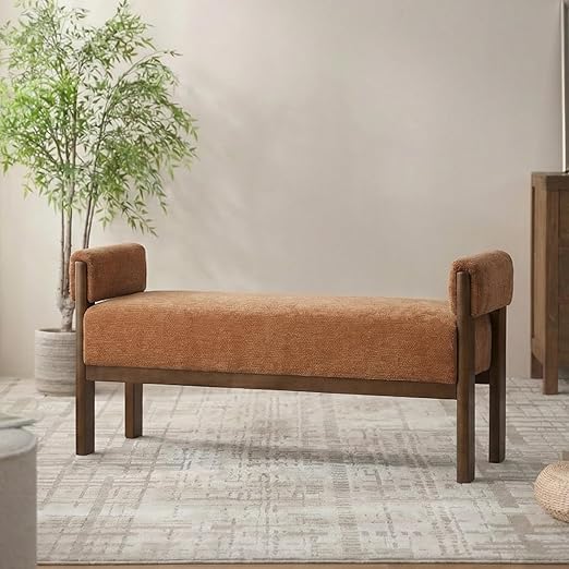 Upholstered End of Bed Bench with Arms & Solid Wood Frame