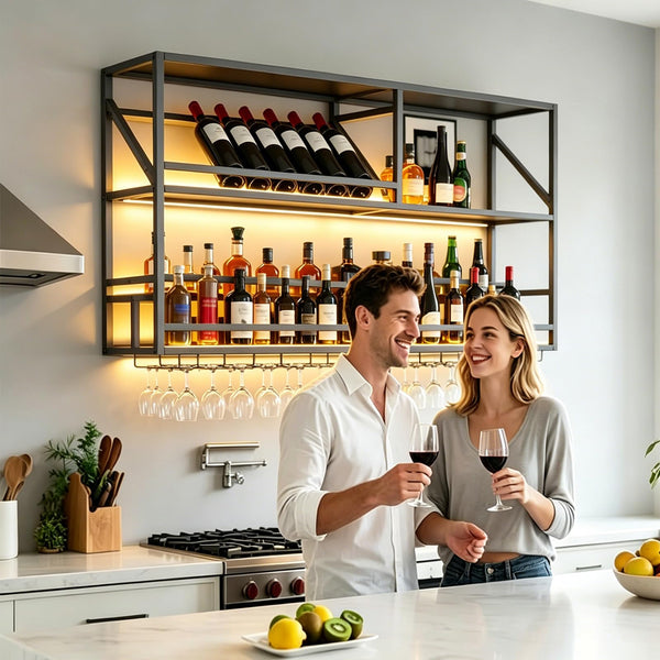 Wall Mounted Bar Shelf with LED & Wine Glass Rack