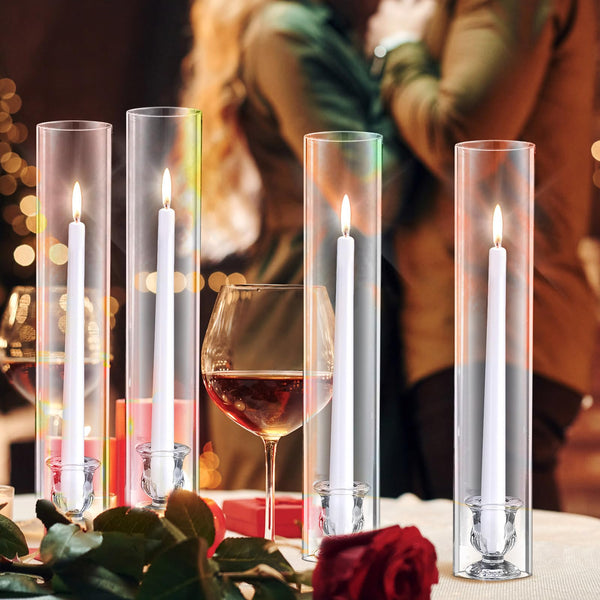 Glass Hurricane Candle Holder Set with Taper Candlesticks & White Candles (12 Set)