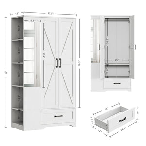 70" Wardrobe Closet with Mirror, Drawer & Side Shelves