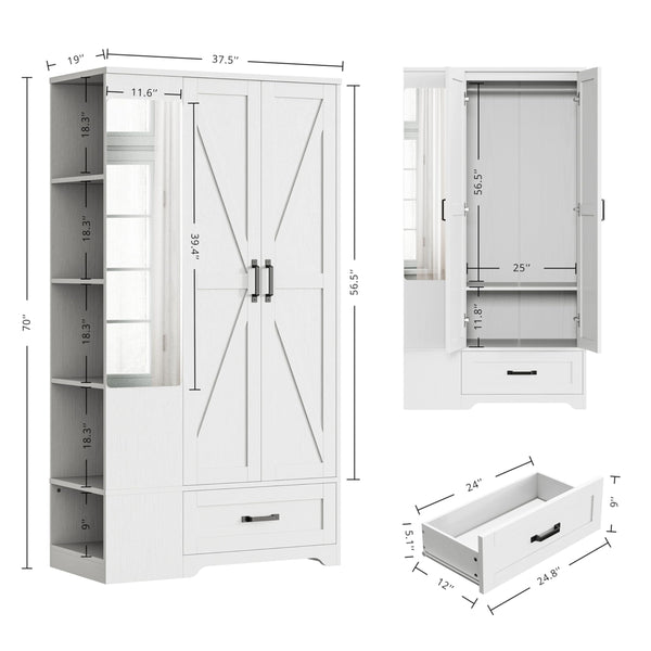 70" Wardrobe Closet with Mirror, Drawer & Side Shelves
