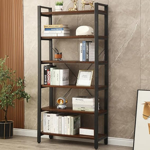 Industrial Wood & Metal Bookshelf – Multi-Tier Etagere Bookcase