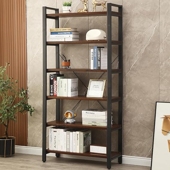 Industrial Wood & Metal Bookshelf – Multi-Tier Etagere Bookcase