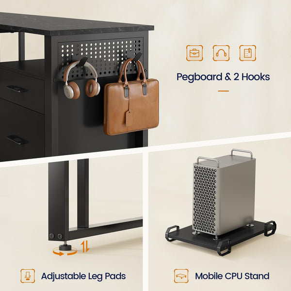 L-Shaped Executive Desk with Power Outlets, File Drawers & Storage