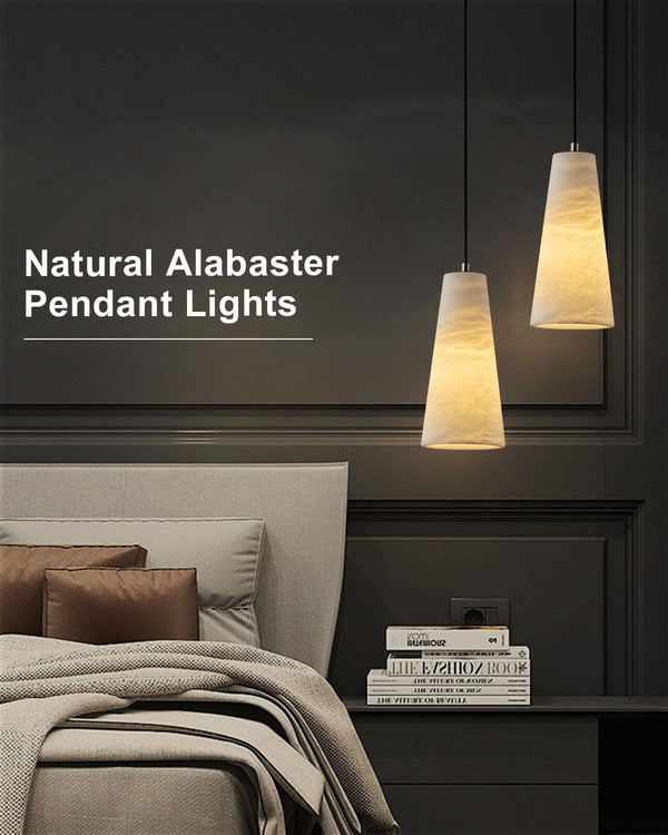 Natural Alabaster Pendant Light – Dimmable, Conical Shade