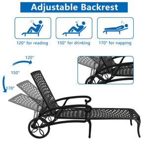 Aluminum Outdoor Chaise Lounge Chair with Wheels & Adjustable Backrest