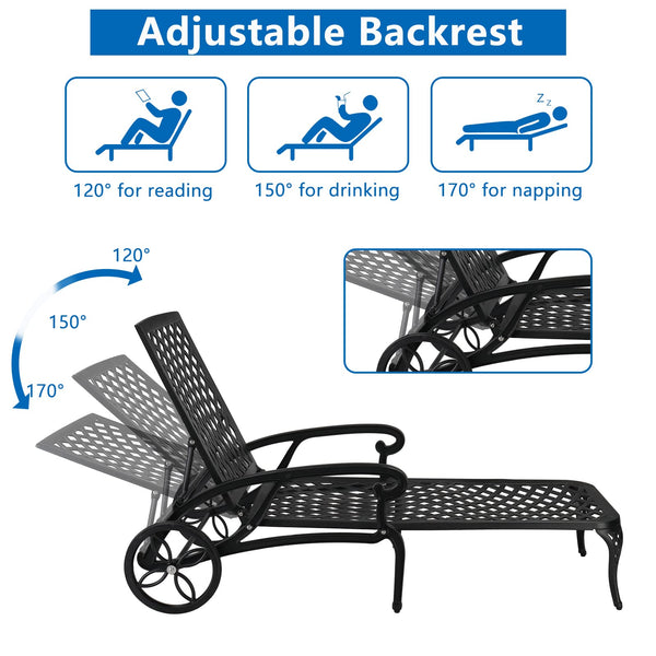 Aluminum Outdoor Chaise Lounge Chair with Wheels & Adjustable Backrest