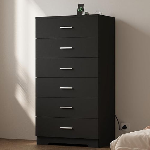 6-Drawer Tall Dresser with Charging Station & Metal Handles
