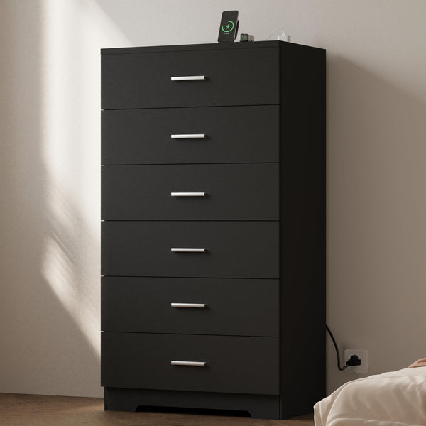 6-Drawer Tall Dresser with Charging Station & Metal Handles