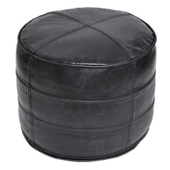 Leather Pouf Ottoman – Round Footstool, Black, 18"x18"x14"