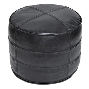 Leather Pouf Ottoman – Round Footstool, Black, 18"x18"x14"