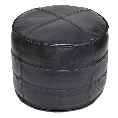 Leather Pouf Ottoman – Round Footstool, Black, 18"x18"x14"