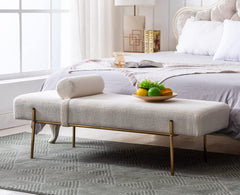 Faux Fur Upholstered Bench with Gold Metal Legs & Detachable Pillow – White