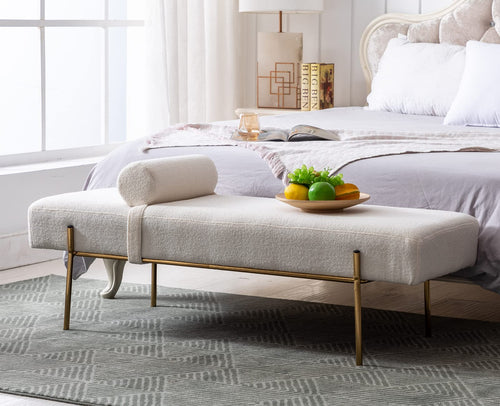 Faux Fur Upholstered Bench with Gold Metal Legs & Detachable Pillow – White