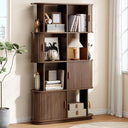 4-Tier Bookshelf with Sliding Door – Mid-Century Modern Freestanding Bookcase