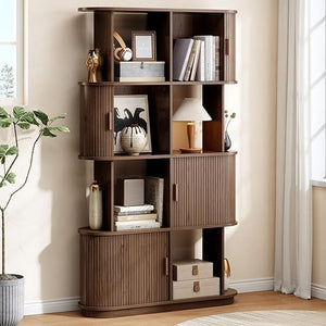 4-Tier Bookshelf with Sliding Door – Mid-Century Modern Freestanding Bookcase