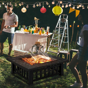 Square Metal Fire Pit 32-Inch Outdoor Wood Burning Firepit