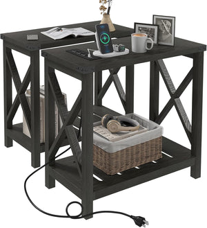 Farmhouse End Tables Set of 2 with Charging Station & Storage Shelf