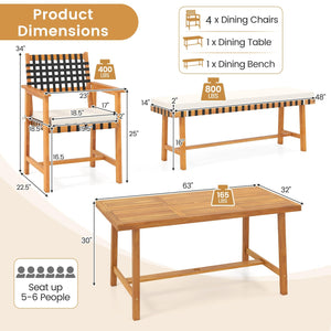 6-Piece Acacia Wood Outdoor Dining Set with Umbrella Hole, Bench & 4 Cushioned Armchairs