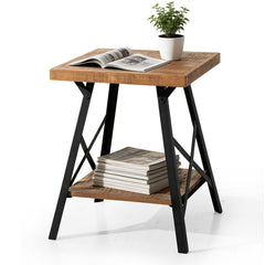 2-Tier Solid Wood End Table with Storage Shelf