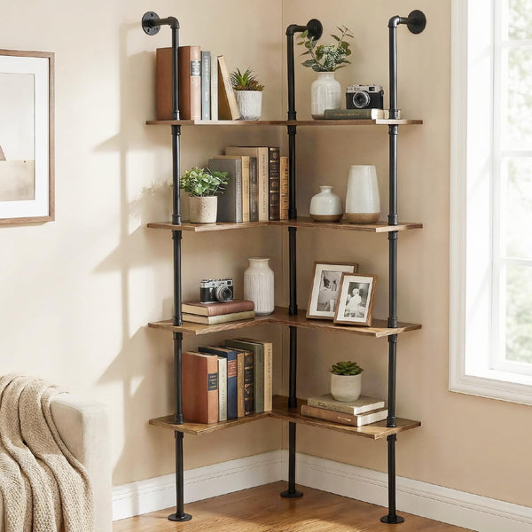 Industrial Pipe Corner Bookshelf – 4 Tier L-Shaped