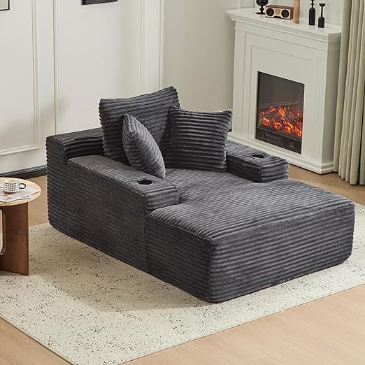 Oversized Corduroy Chaise Lounge Sofa Chair with Pillows & Cup Holders