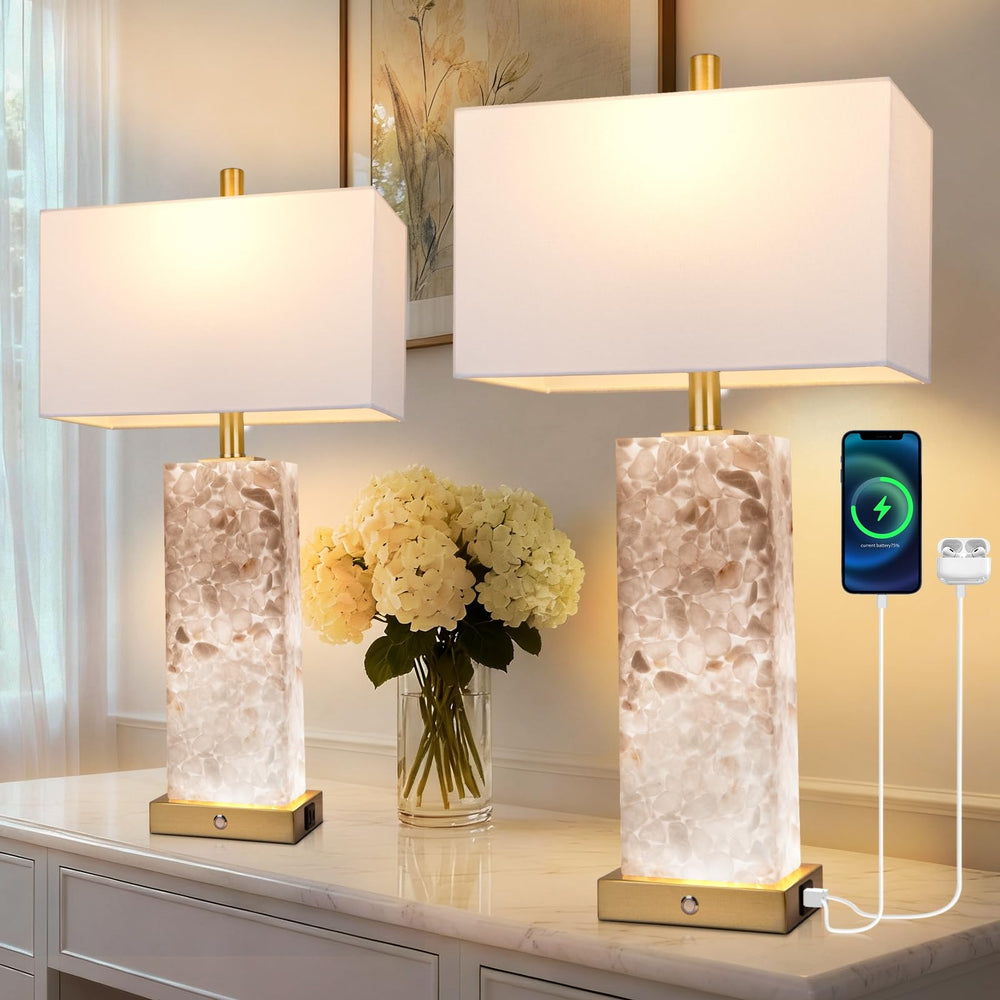 Marble Nightstand Lamps Set of 2 with USB Ports & 3-Color Temperature LED