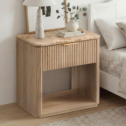 Fluted Nightstand Set of 2 with Faux Marble Top, Drawer & Open Shelf
