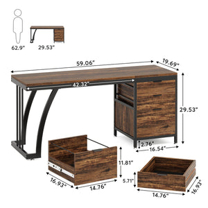 59-Inch Industrial Computer Desk with 3 Drawers and File Storage