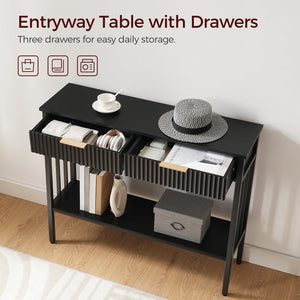 Narrow Fluted Console Table with 2 Drawers & Storage Shelf – Black Entryway Table
