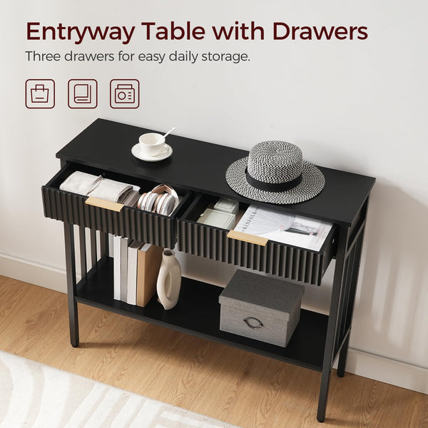 Narrow Fluted Console Table with 2 Drawers & Storage Shelf – Black Entryway Table