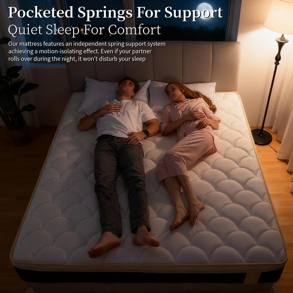 Queen Mattress,12 Inch Hybrid Mattress-Medium Firm Support for Side and Back Sleepers|Pressure-Relieving Memory Foam&Motion-Isolating Pocket Springs for a Quiet Night|Skin-Friendly&Breathable Cotton