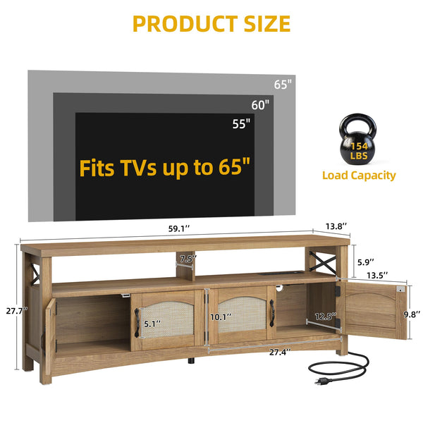 Farmhouse TV Stand with LED Lights & Storage – Fits TVs up to 65 Inch