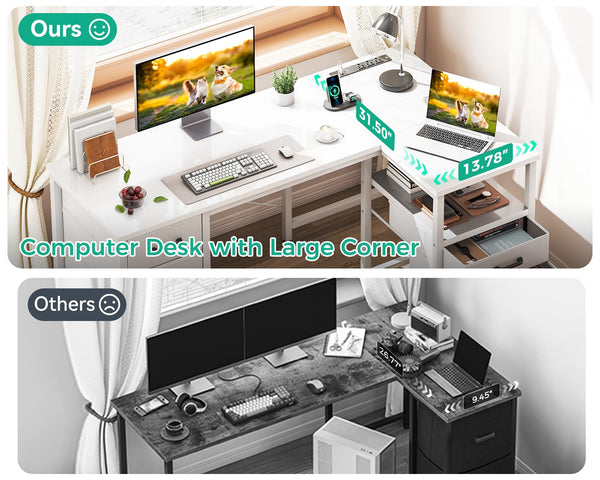 L-Shaped Corner Desk with Drawers & Power Outlet