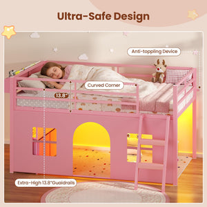Kids Twin Low Loft Bed with Tent, Drawers & LED Lights