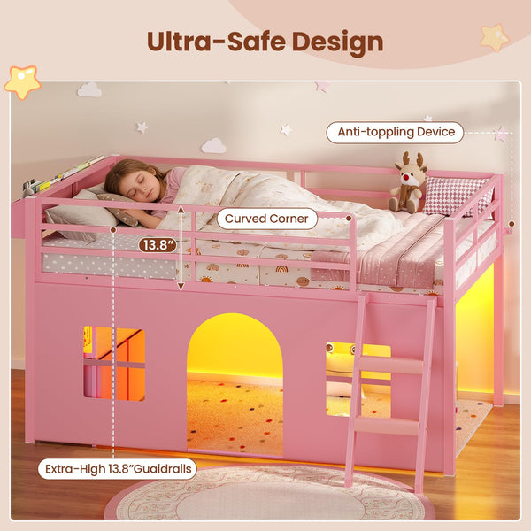 Kids Twin Low Loft Bed with Tent, Drawers & LED Lights