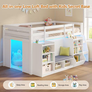 Twin Low Loft Bed with Storage, LED Lights & Reading Nook