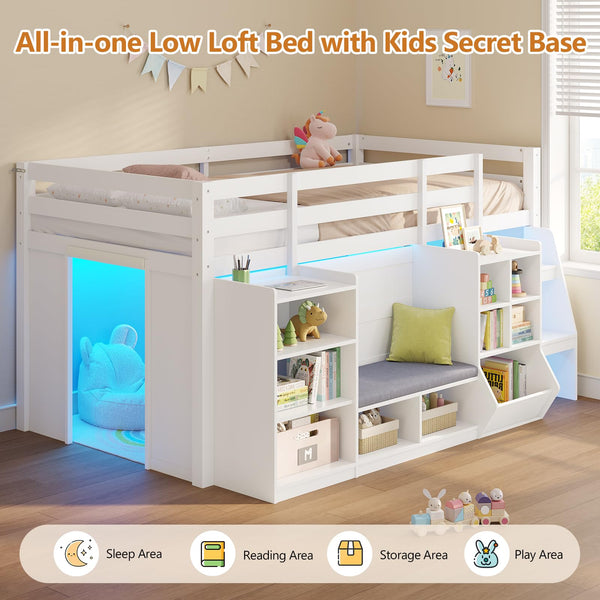 Twin Low Loft Bed with Storage, LED Lights & Reading Nook