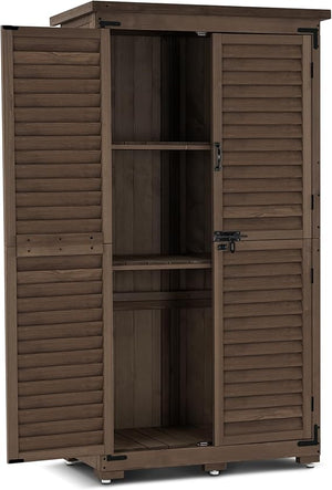 Outdoor Wood Storage Cabinet with Lockable Doors – 63 Inch Vertical Garden Shed