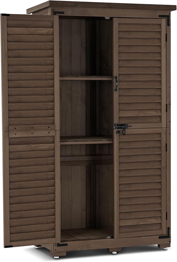 Outdoor Wood Storage Cabinet with Lockable Doors – 63 Inch Vertical Garden Shed