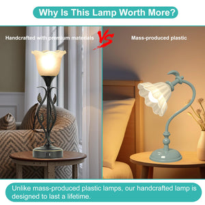 Dimmable Touch Table Lamps Set of 2 with USB Port & Glass Flower Shade