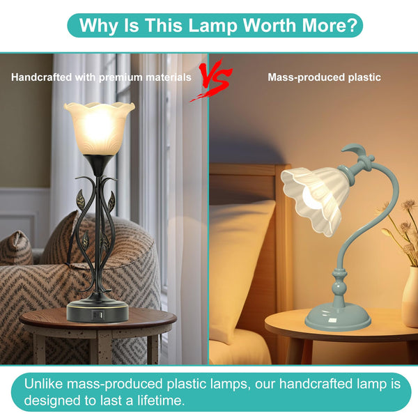 Dimmable Touch Table Lamps Set of 2 with USB Port & Glass Flower Shade