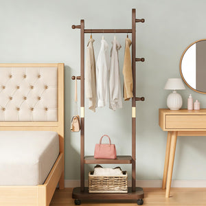 Solid Wood Coat Rack with 2-Tier Shelves, 5 Hooks & Wheels