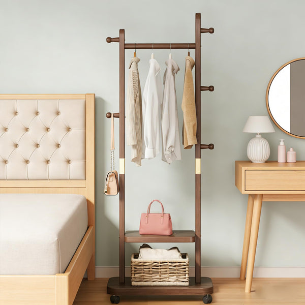 Solid Wood Coat Rack with 2-Tier Shelves, 5 Hooks & Wheels