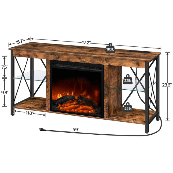 Fireplace TV Stand with Charging Station & LED Lights