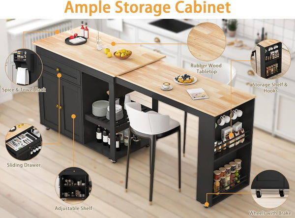 Extendable Rolling Kitchen Island with Dining Table