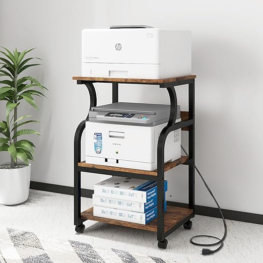 3-Tier Rolling Printer Stand with Adjustable Shelf & Power Outlets
