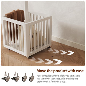 Freestanding Wood Coat Rack with 10 Hooks & Rolling Wheels